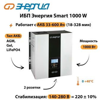 ИБП Энергия Smart 1000W - ИБП и АКБ - Энергия ИБП Smart - . Магазин оборудования для автономного и резервного электропитания Ekosolar.ru в Кургане